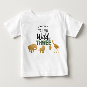 Young Wild and Three Safari Animals Boy Birthday Baby T-Shirt