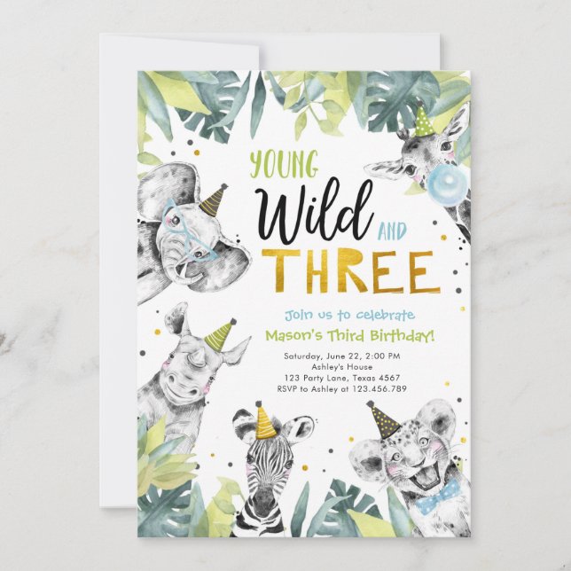 Young Wild and Three Safari Animals Boy Birthday Invitation (Front)