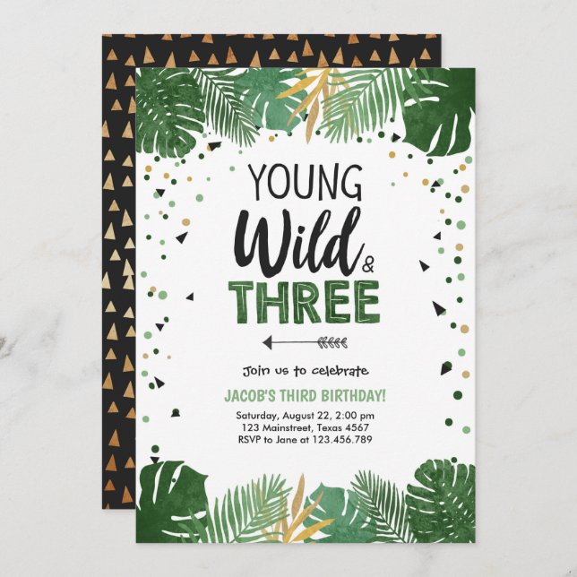 Young Wild and Three Safari Animals Boy Birthday Invitation (Front/Back)