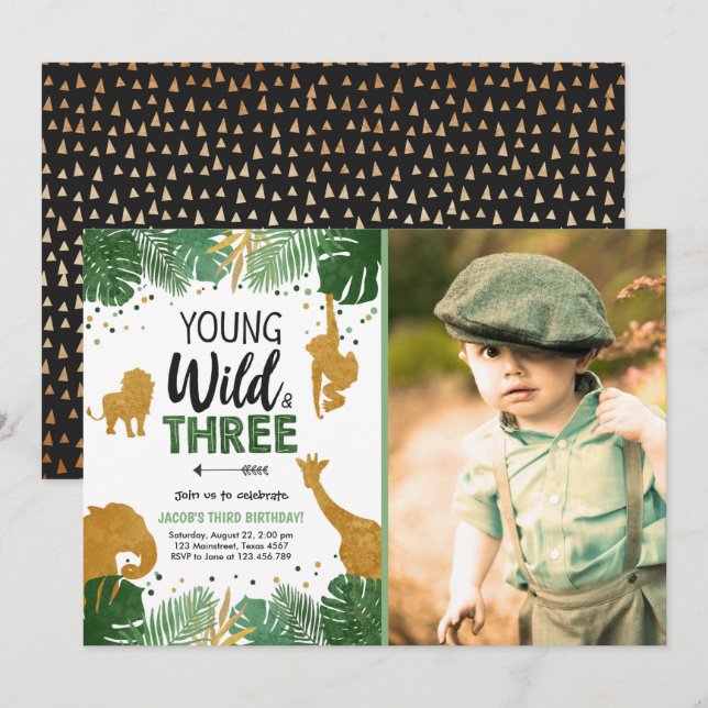 Young Wild and Three Safari Animals Boy Birthday Invitation (Front/Back)