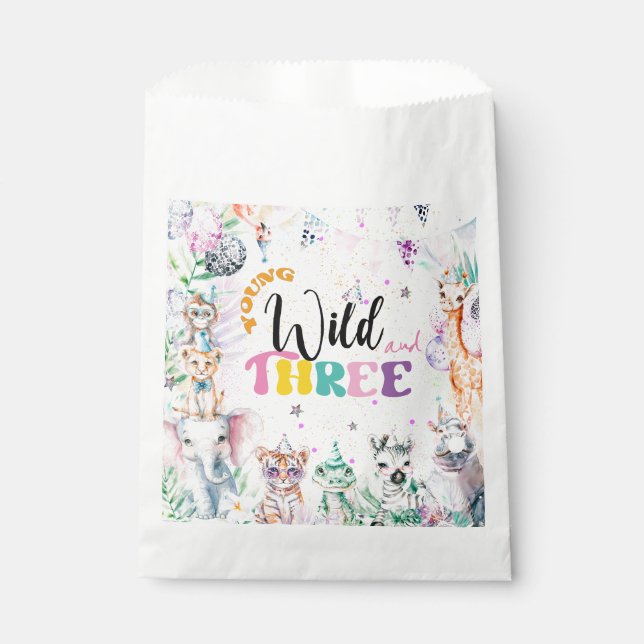 Young Wild and Three Safari Animals Girl Birthday Favour Bags (Front)