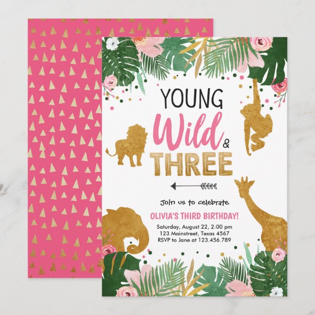 Young Wild and Three Safari Animals Girl Birthday Invitation (Front/Back)