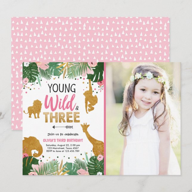 Young Wild and Three Safari Animals Girl Birthday Invitation (Front/Back)