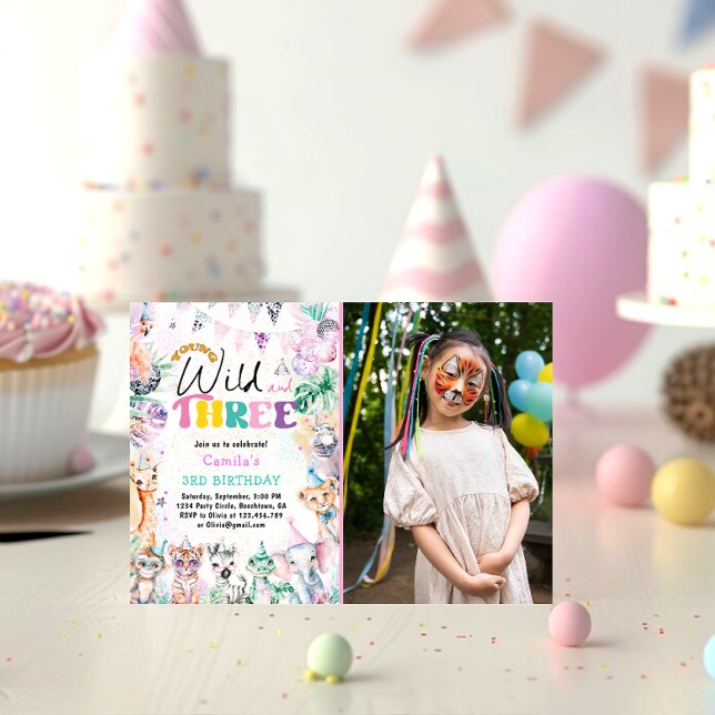 Young Wild and Three Safari Animals Girl Birthday Invitation (Creator Uploaded)