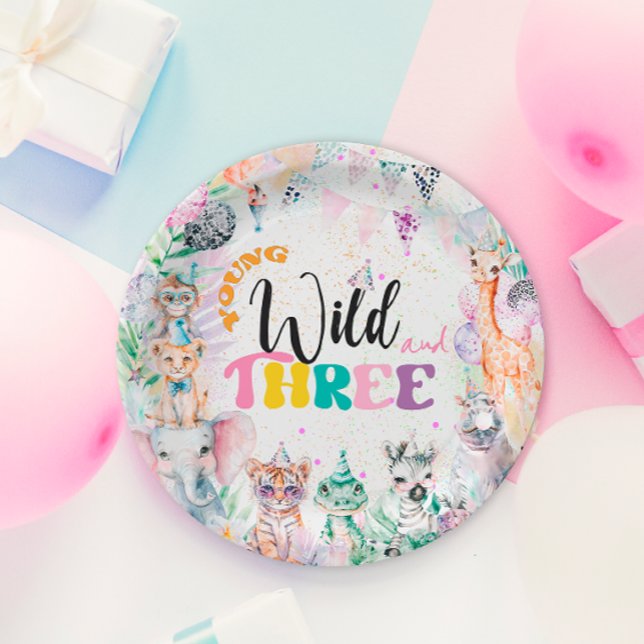 Young Wild and Three Safari Animals Girl Birthday Paper Plate (Creator Uploaded)