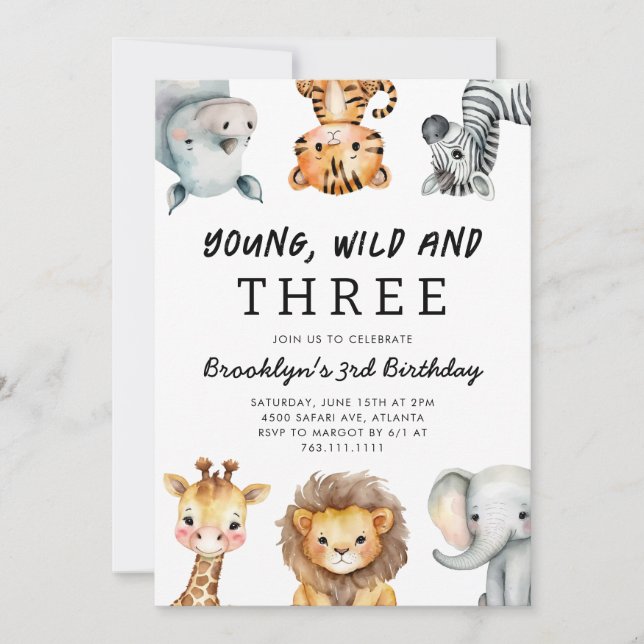 Young Wild and Three Safari Birthday Party Invitation (Front)