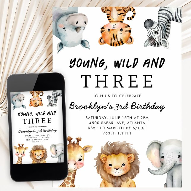 Young Wild and Three Safari Birthday Party Invitation (Creator Uploaded)