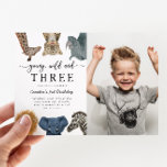 Young Wild and Three Safari Birthday Party Photo Invitation<br><div class="desc">Cute and fun kid's safari animals theme 3rd birthday party invitation featuring illustration of safari animals of giraffe,  snow leopard,  rhino,  lion,  elephant,  and zeebra. The text says "young,  wild and three." Perfect for a boy's birthday party. You can add your child's picture on this card.</div>