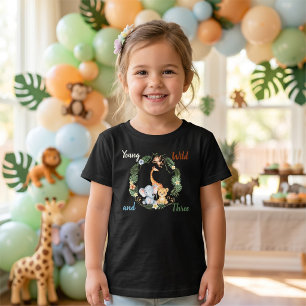 Young Wild and Three Safari Birthday Toddler T-Shirt