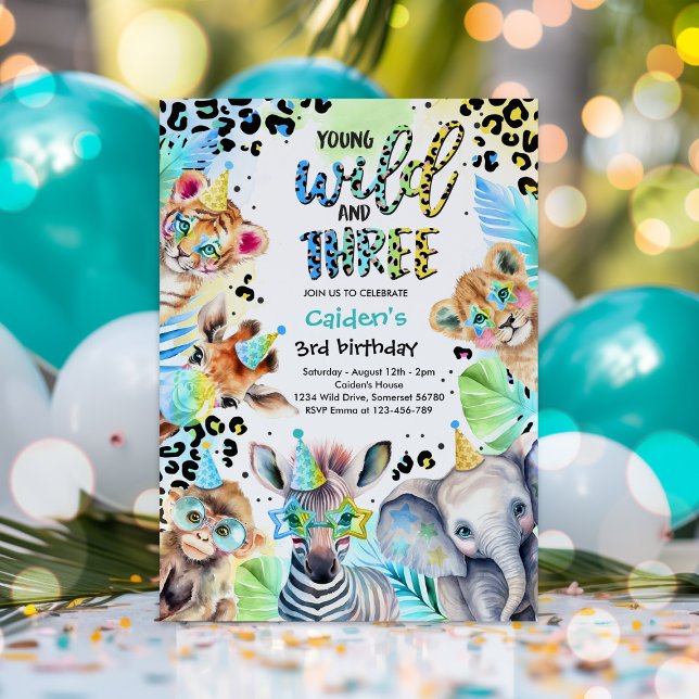 Young Wild And Three Safari Blue Boy Birthday Invitation (Creator Uploaded)