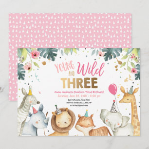 Young Wild and Three Safari Girl Animals Birthday Invitation