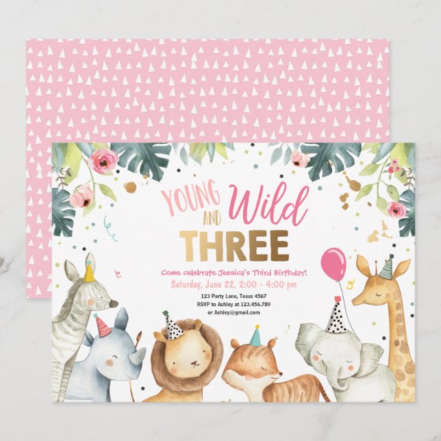 Young Wild and Three Safari Girl Animals Birthday Invitation (Front/Back)