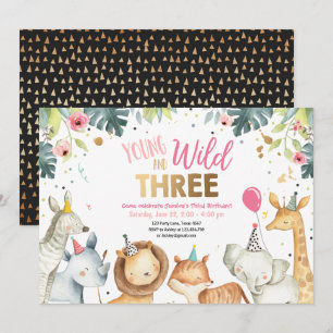 Young Wild and Three Safari Girl Animals Birthday Invitation