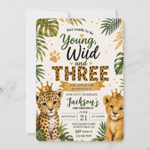 Young Wild and Three Safari Jungle 3rd Birthday Invitation