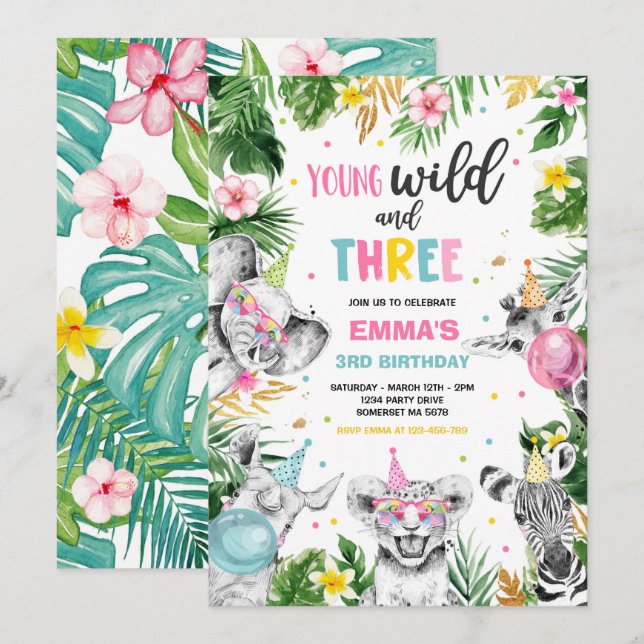Young Wild And Three Safari Jungle Animals Party Invitation (Front/Back)