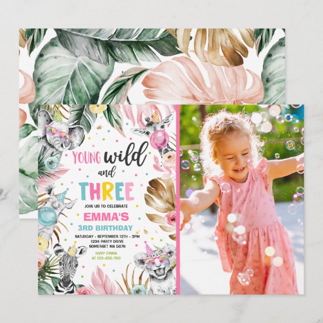 Young Wild And Three Safari Jungle Animals Party Invitation (Front/Back)