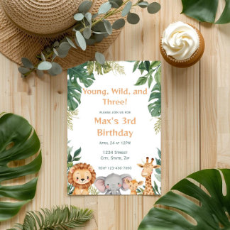 Young Wild and Three Safari Jungle Birthday Invitation
