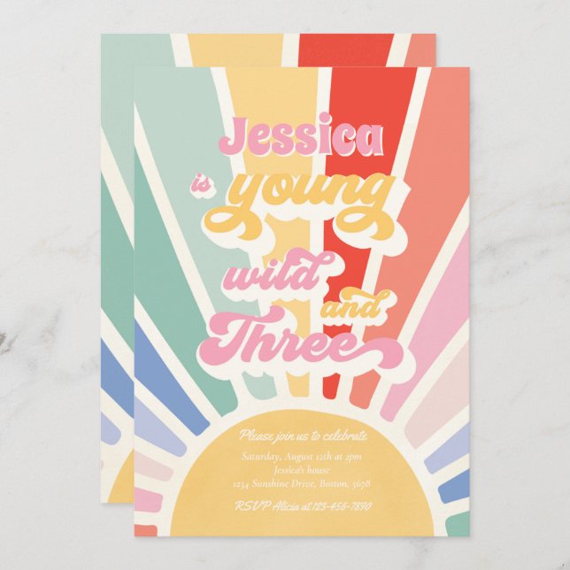 Young Wild And Three Sunshine 3rd Rainbow Birthday Invitation (Front/Back)