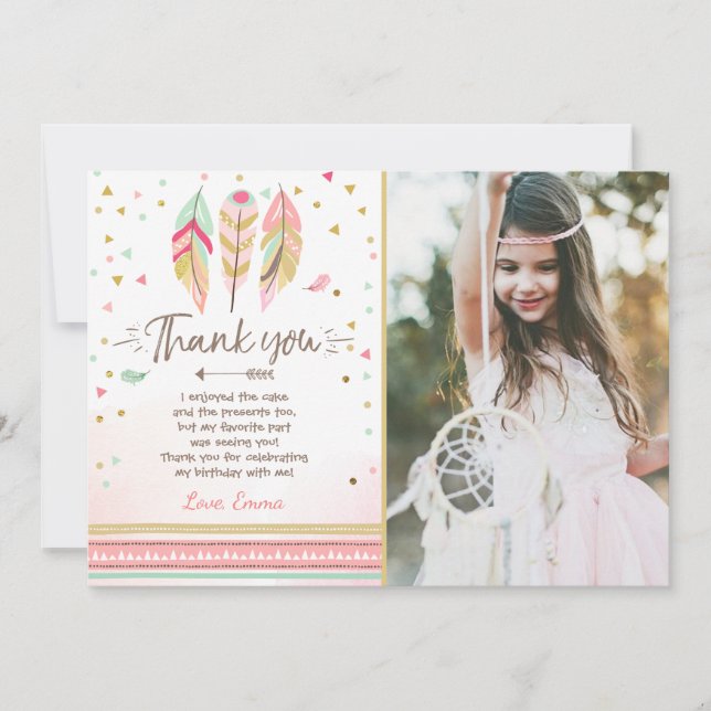 Young wild and three Thank You Card Feathers Boho (Front)