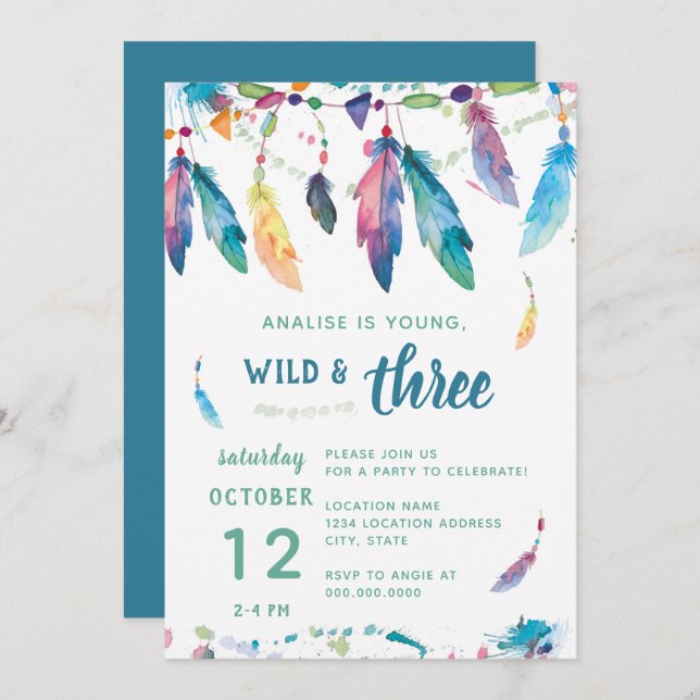 Young Wild and Three // Third Birthday Invitation (Front/Back)