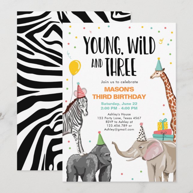 Young Wild and Three Third Safari Party Animals Invitation (Front/Back)