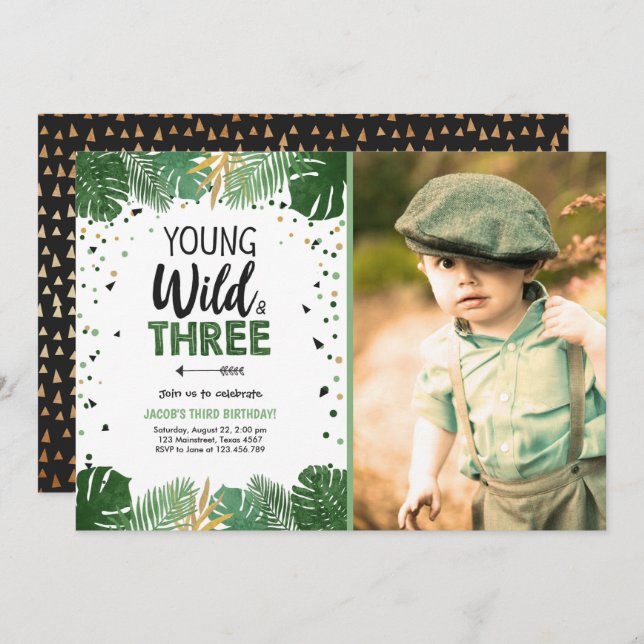 Young Wild and Three Tropical Safari Boy Birthday Invitation (Front/Back)