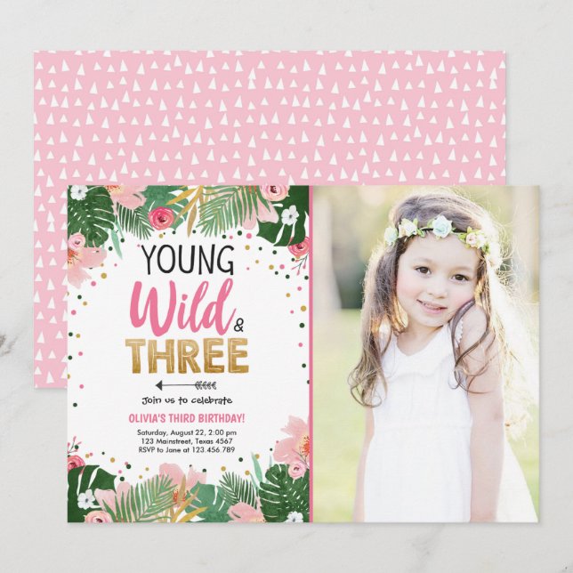 Young Wild and Three Tropical Safari Girl Birthday Invitation (Front/Back)