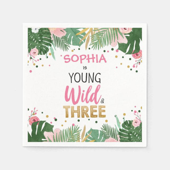 Young Wild and Three Tropical Safari Girl Birthday Napkin (Front)