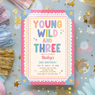 Young Wild And Three Whimsical Girl 3rd Birthday Invitation