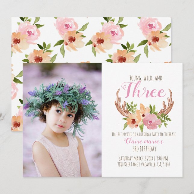 Young wild and three woodland birthday invite (Front/Back)