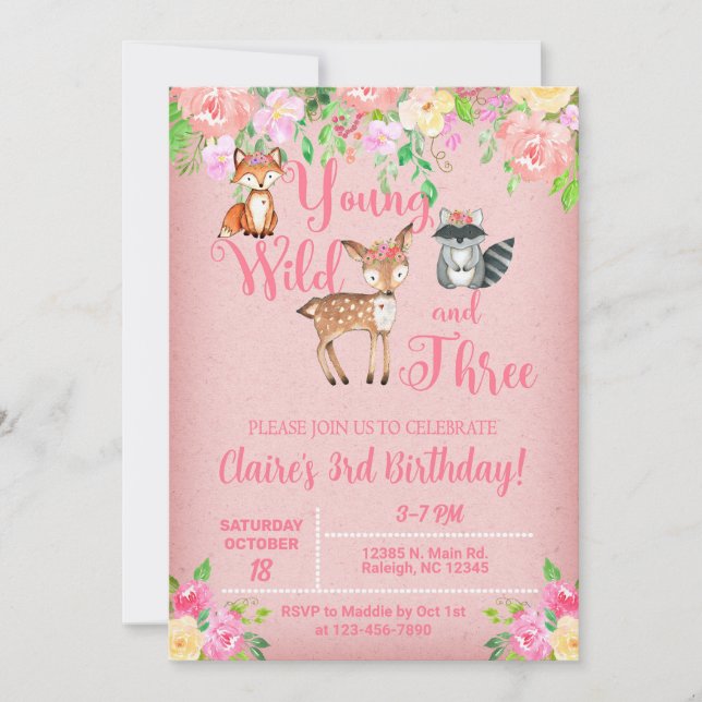 Young wild and three Woodland girl invite. Invitation (Front)