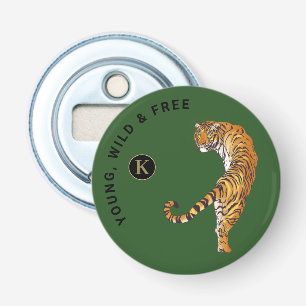 Young, Wild & Free Tiger Monogram Green Background Bottle Opener