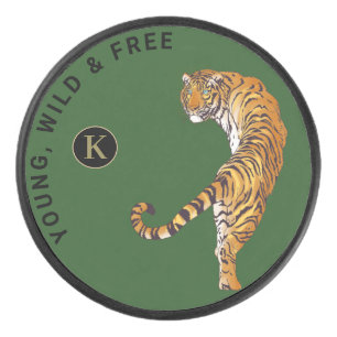 Young, Wild & Free Tiger Monogram Green Background Hockey Puck