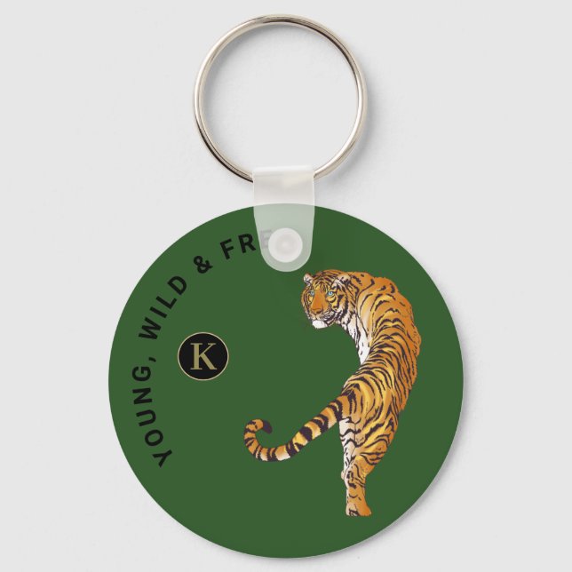 Young, Wild & Free Tiger Monogram Green Background Key Ring (Front)