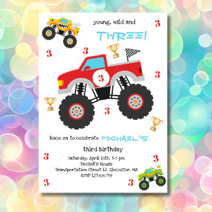Young, wild  monster trucks boy birthday invitation