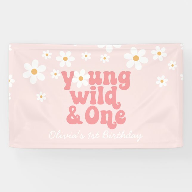 Young Wild One retro Daisy Pink birthday Banner (Horizontal)