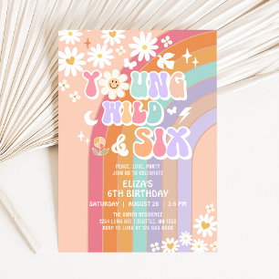 Young Wild & SIX Groovy Hippie Retro 6th Birthday Invitation