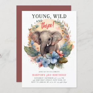 Young Wild Three 3rd Birthday Kids Cute Elephant Invitation