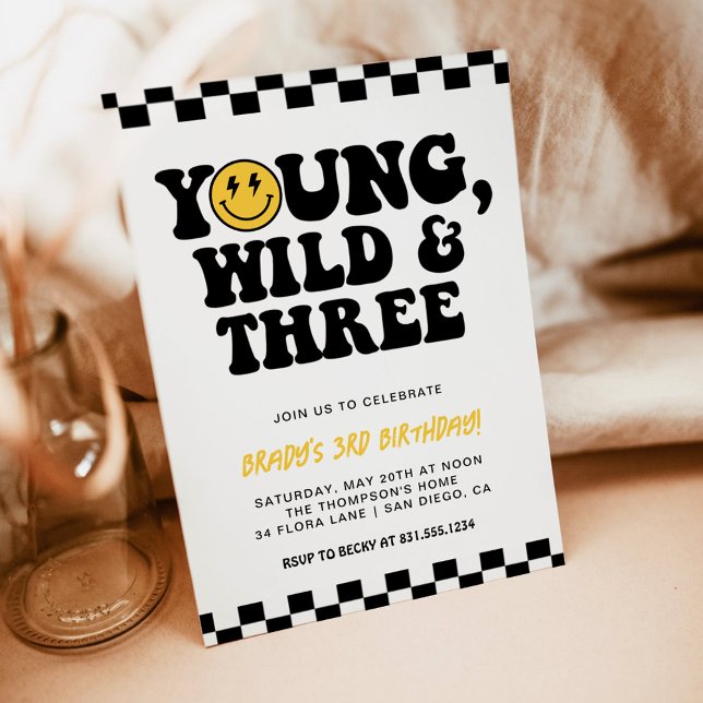 Young, Wild & Three, 3rd Birthday Smiley Face Bolt Invitation (Creator Uploaded)