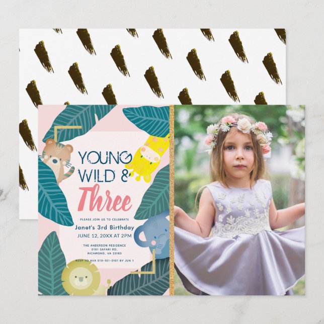 Young Wild & Three Animal Girl Photo Birthday Invitation (Front/Back)
