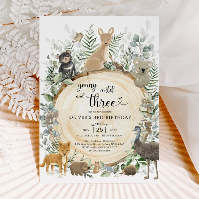 Young Wild & Three Australian Animals 3rd Birthday Invitation (Creator Uploaded)