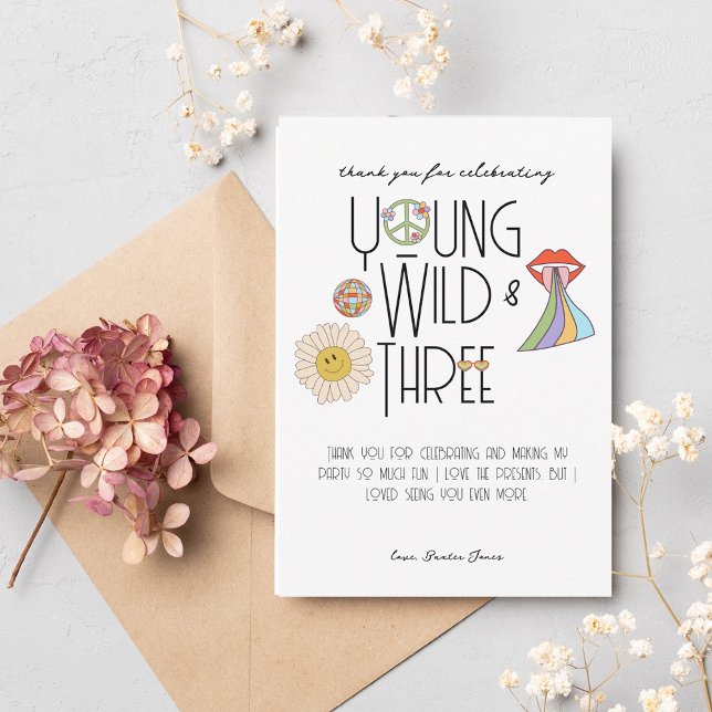 Young, Wild & Three | B-Day Thank You Card | Boho (Creator Uploaded)