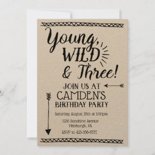 Young, Wild & Three Birthday invitation
