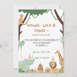 Young, Wild & Three Birthday Invitation 