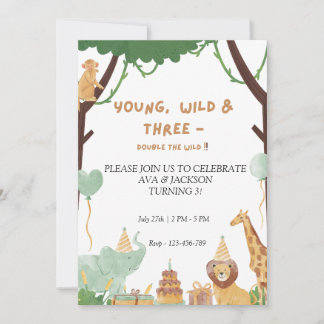 Young, Wild & Three Birthday Invitation 