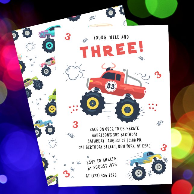 Young Wild Three Birthday Kids Monster Car Trucks Invitation (Creator Uploaded)