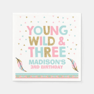 Young Wild & Three Birthday Party Napkin Pink Gold