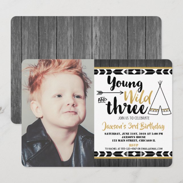 Young wild three birthday photo invitation boy (Front/Back)