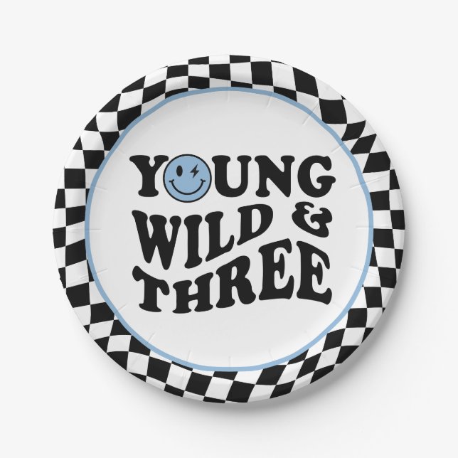 Young Wild & Three | Blue Happy Smile 3rd Birthday Paper Plate (Front)
