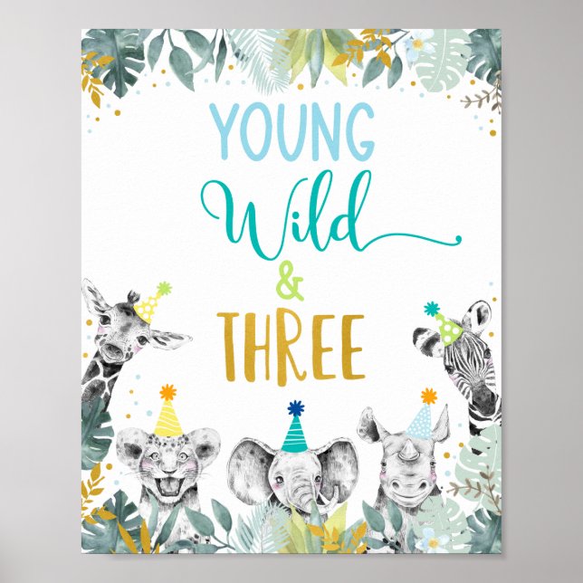 Young Wild & Three Blue Party Animal Birthday Sign (Front)
